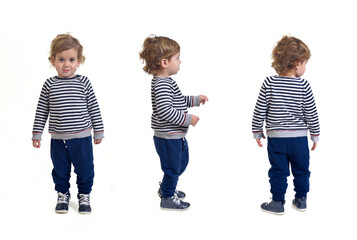 front,side and back view of a group of same baby boy standing on white background