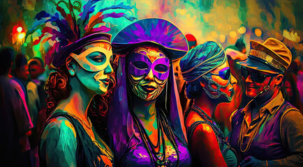 A Painting Of A Group Of People In Colorful Costumes Mardi Gras Festival