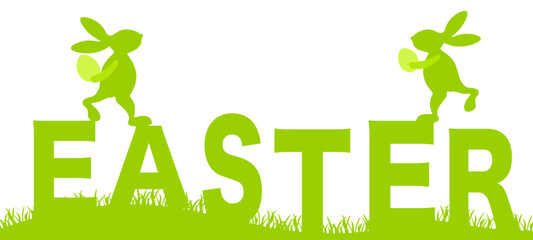 Happy easter holiday background banner panorama vector illustration for logo - Green silhouette of Easter bunny and text on spring meadow, isolated on white background