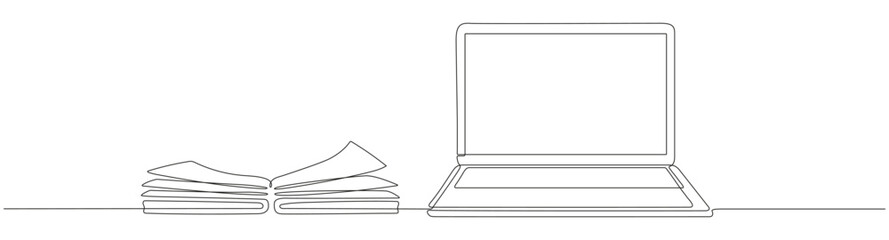 Obraz premium Continuous line drawing of laptop with book. Online education linear illustration. Vector isolated on white.