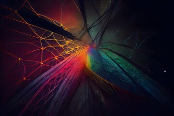 An intricate network of rainbow-hued wires that form an intricate web throughout a dark space