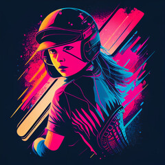 Young Female Cricket Player Illustration with Neon Colours and Energetic Vibe, Created with Generative AI Technology
