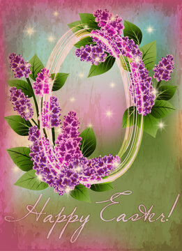Happy Easter egg with lilac flowers, greeting card, vector illustration