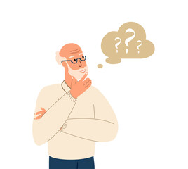 Dementia and Memory Loss Concept.Senior Man with Question Signs. Old Male Character with Mental Problems,Psychological Problem.Alzheimer Disease Isolated on White Background.People Vector Illustration