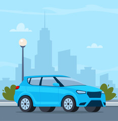 Red modern Suv car, side view. Modern urban landscape with high-rise buildings skyscrapers on background. Vector illustration.