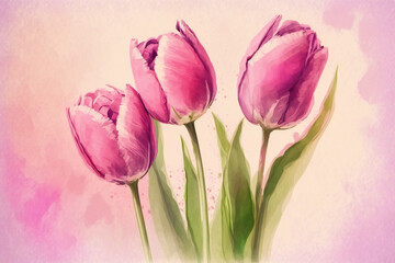 Fototapeta premium Illustration of pink tulips on pink background, ai generated