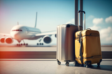 Travel concept: Suitcases in airport with airplane at background", Generative AI