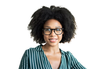 Cheerful curly-haired woman with glasses smiles in the office isolated transparent background, png.