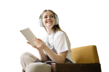 Female employee in uniform taking a break in a chair using a tablet isolated transparent background, png.