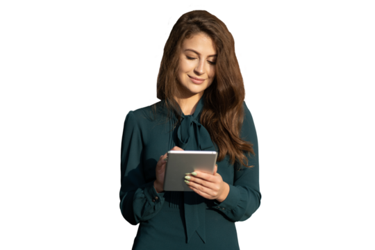 A woman surfs using a tablet looking at the screen office clothes isolated transparent background, png.