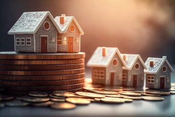 Tiny houses surrounded by coin stacks. The housing market, Generative AI - obrazy, fototapety, plakaty