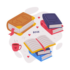 Set of colorful books and tea cup. Science, hobby, education concept cartoon vector illustration