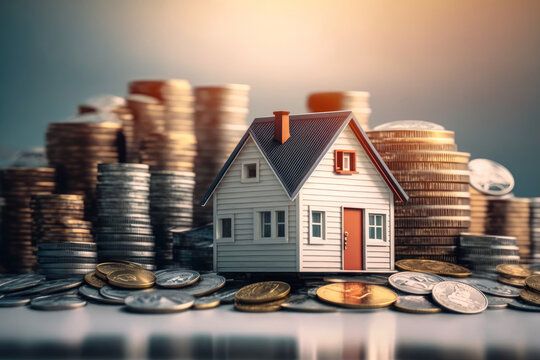 Tiny houses surrounded by coin stacks. The housing market, Generative AI