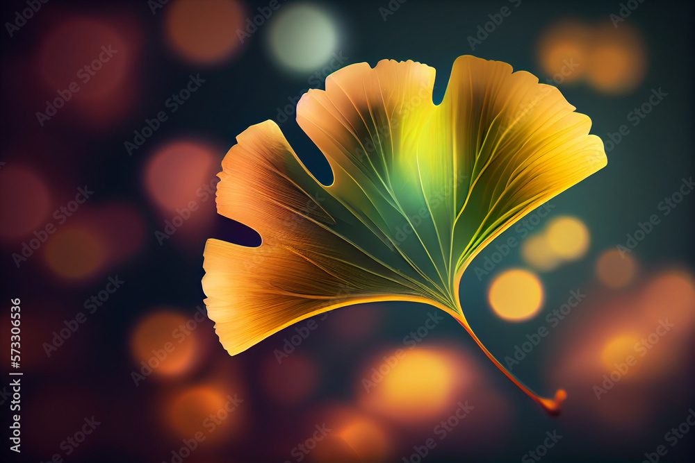 Poster beautiful abstract illustrations ginkgo biloba leaf with lights on a bright bokeh background.