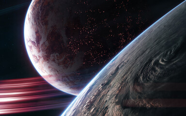 Orbital view of inhabited deep space planets. Science fiction. Elements of this image furnished by NASA