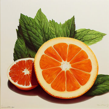 An illustration image combining oranges with green mint leaves