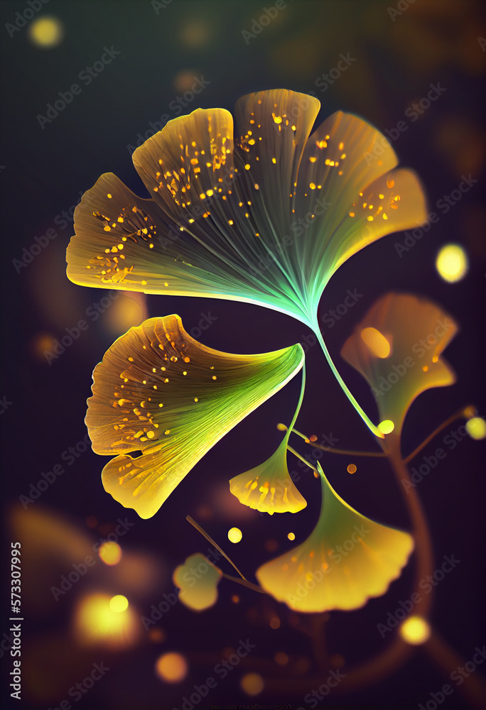 Poster beautiful abstract illustrations ginkgo biloba leaf with lights on a bright bokeh background.