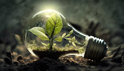 Fotobehang A plant growing inside a lightbulb - renewable energy - climate change © Arne