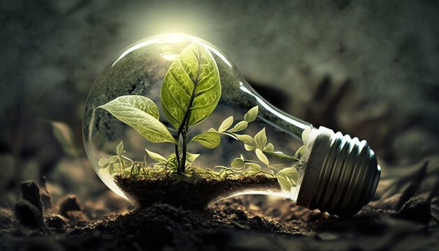 A plant growing inside a lightbulb - renewable energy - climate change