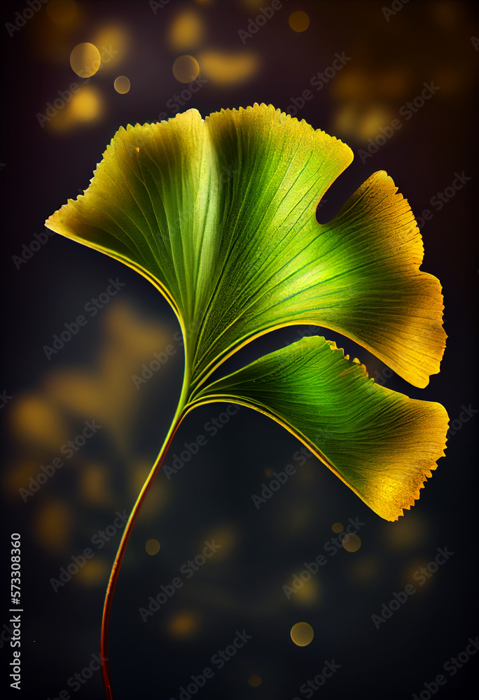 Poster Beautiful abstract illustrations Ginkgo biloba leaf with lights on a bright bokeh background. 