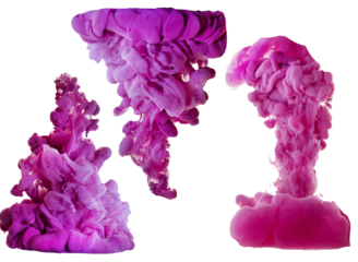  three bright violet ink clouds under water isolated on white background. colorful splash