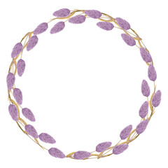 Round frame wreath from lilac dried herb flowers. Hand-drawn watercolor illustration isolated on white background. For design