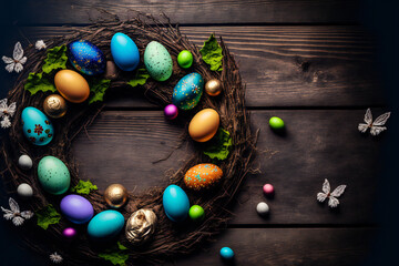 Fototapeta na wymiar Wood Easter background template with Easter eggs - Greetings and presents for Easter Day - Copy Space - Generative AI