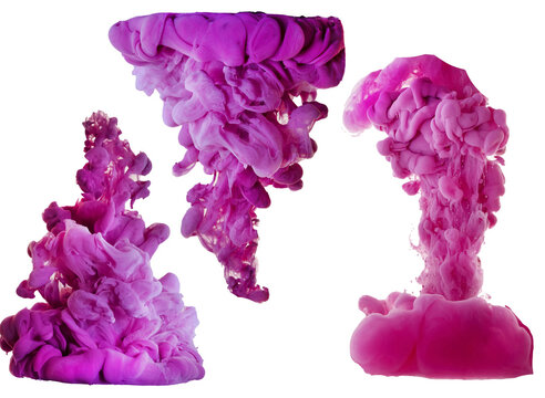  three bright violet ink clouds under water isolated on white background. colorful splash