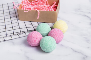 Bath bombs packaging. Set of colorful bath bombs and gift box