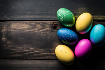 Obraz na płótnie Canvas Wood Easter background template with Easter eggs - Greetings and presents for Easter Day - Copy Space - Generative AI