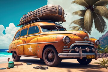 vintage car with a surfboard on the roof parked on the tropical beach , Leisure trip in the summer,Generative ai