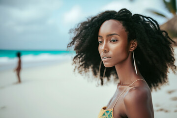 African young woman relaxing at beach, ai generative