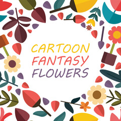 mystical fantasy flowers, background. Daisy, tulip, cornflower, wild flowers. flat colored cartoon objects.