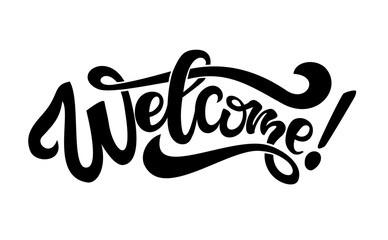 Welcome. Calligraphic inscription with smooth lines. Vector template on transparent background