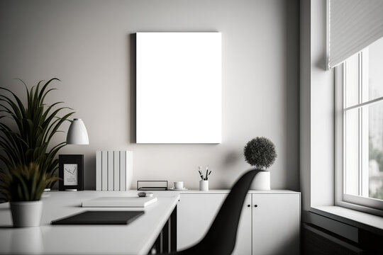 A front view of an elegant home office with a white canvas hanging on the wall. The room features a modern and minimalist style with a black and white color scheme. generative ai