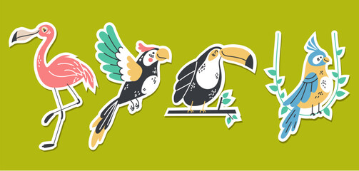 Bird parrot tropical animal summer style stickers concept set. Graphic design vector illustration
