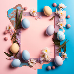 Blue and pink Easter background template with Easter eggs - Greetings and presents for Easter Day - Copy Space - Generative AI	
