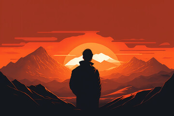 Silhouette of Man Admiring Orange Sunset on Mountains