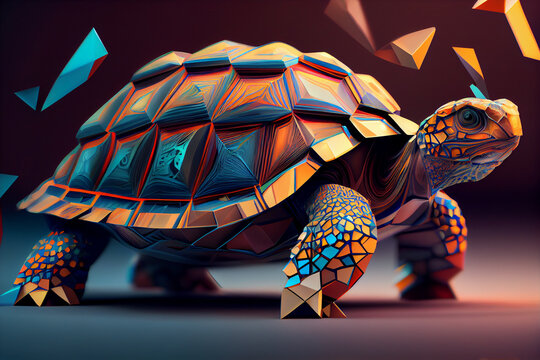 Beautiful abstract surreal geometric tortoise concept, contemporary colors and mood social background. 