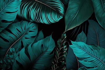 floral background with green blue palm, monstera leaves on dark background