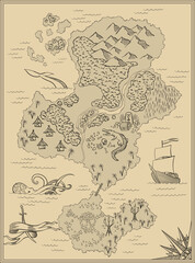 Cartoon island map template for next level game - adventures, treasure hunt. Pirate map with octopus, scorpion, sharks, snake, scull. Hand drawn illustration, vintage background