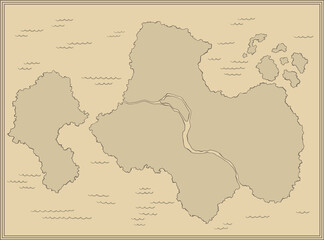 Obraz premium Cartoon island map template for next level game. Pirate map with old fantasy creatures, treasure island. Hand drawn illustration, vintage background