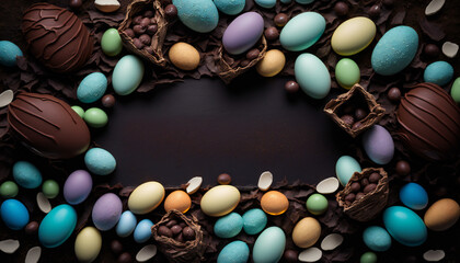 Chocolate Easter background template with Easter eggs - Greetings and presents for Easter Day - Copy Space - Generative AI	
