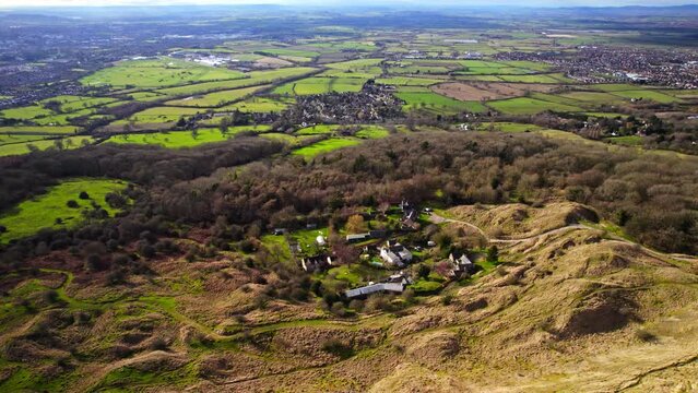 Aerial shot flying over the Cotswolds, rural landscape, UK