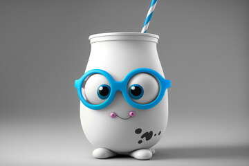 Cute cartoon character as glass of milk smiling with big eyes and glasses, Generative AI - 573311914