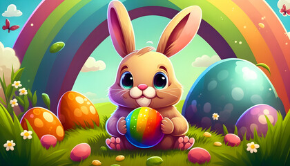 Cute cartoon easter rabbit with colorful easter eggs as easter illustration (Generative AI) - 573311935