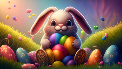 Cute cartoon easter rabbit with colorful easter eggs as easter illustration (Generative AI) - 573311963