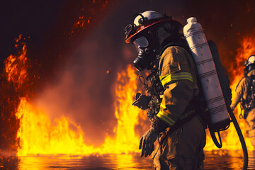 Firefighter with mask oxygen tanks on their backs walk against the backdrop of fire. Generative AI