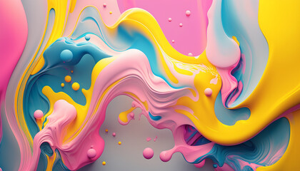 Fluid color abstract background, pink, yellow, blue, modern energetic backdrop for graphic design or trendy website layout. Generative AI.