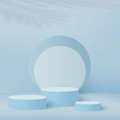 3d blue color podium and minimal blue color wall scene. 3d podium minimal abstract background. Pastel color abstract room design. Vector